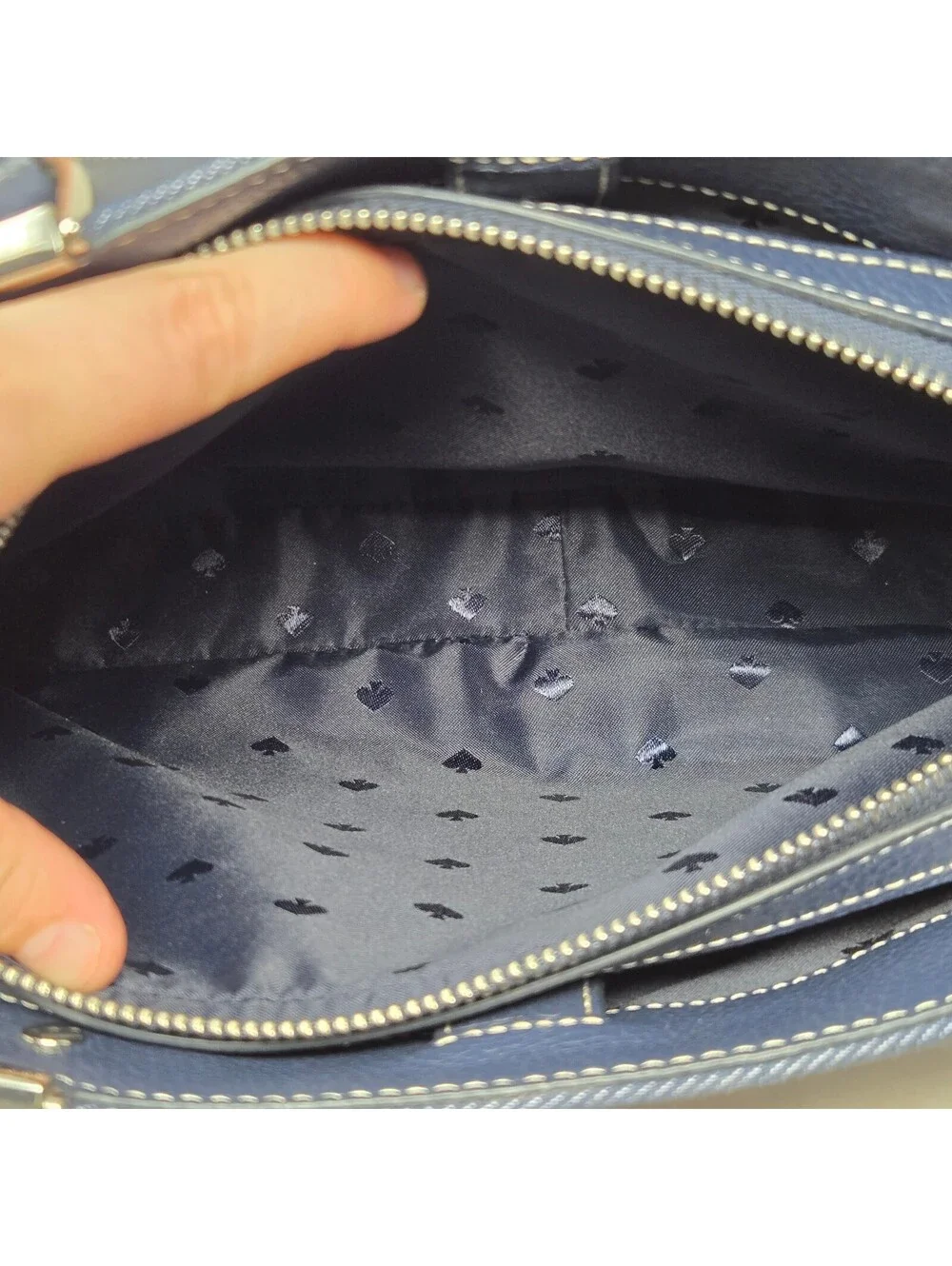 Kate Spade Leila medium triple compartment satchel Denim & Navy Leather EUC
